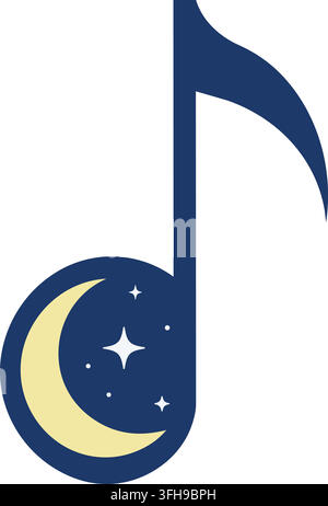 Flat illustration of a tall dark blue musical note featuring a yellow crescent moon and small white sparkling stars inside the rounded base Stock Vector