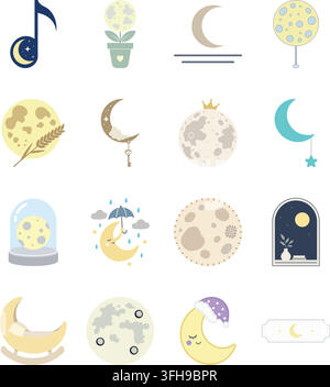 A soft pastel flat illustration set featuring whimsical moon themed designs. Stock Vector