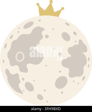 Flat illustration of a large pale full moon with varied gray crater markings and a small golden crown resting on top Stock Vector