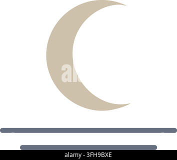 Flat illustration of a simple beige crescent moon floating above thin gray horizontal lines in a clean minimal composition Stock Vector
