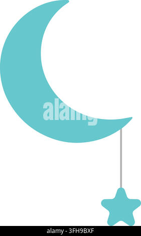 Flat illustration of a smooth turquoise crescent moon suspended with a thin vertical line ending in a matching star shaped charm Stock Vector