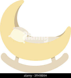 Flat illustration of a pale yellow crescent moon designed like a rocking cradle with a soft cream pillow and curved support base Stock Vector
