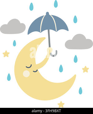 Flat illustration of a sleepy yellow crescent moon holding a blue umbrella beneath gray rain clouds and falling blue raindrops Stock Vector