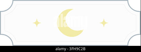 Flat illustration of a white horizontal decorative frame with fine gray edging a pale yellow crescent moon and small golden stars Stock Vector