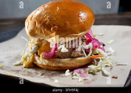 A view of a pulled pork burger. Stock Photo