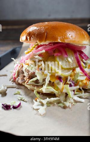 A view of a pulled pork burger. Stock Photo