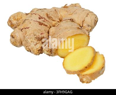 Fresh ginger root with slices isolated on white background Stock Photo