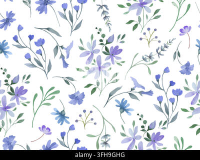 Watercolor Vector Blue Lavender Wildflower Seamless Pattern, Delicate Violet Botanical Floral Background for Summer Fabric, Wallpaper, Nursery Print. Stock Vector