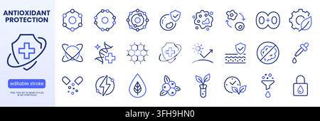 Antioxidant line icon set. Skincare benefit, free radical, cell protection, collagen mesh, skin detox linear minimal vector illustration. Simple Stock Vector