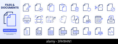 File line icons set. Document management, paper workflow, data storage, digital signature, privacy policy linear minimal vector illustration. Simple o Stock Vector