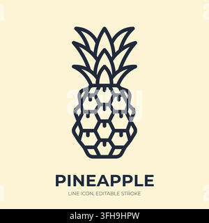 Pineapple line icon. Tropical fruit linear vector illustration. Thin sign depicting whole ananas with spiky crown for nutrition, summer, exotic food Stock Vector