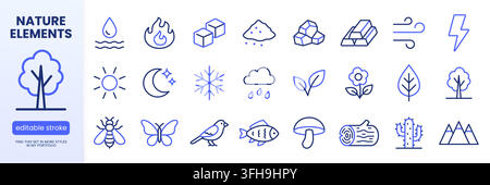 Nature elements line icon set. Summer season, ice cube, tree wood, flower, moon, water, fire, insects linear minimal vector illustration. Simple Stock Vector