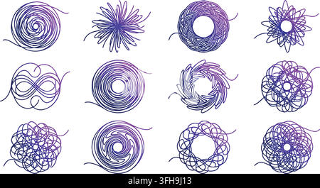 Colorful gradient spiral doodle circle icons for wellness branding, craft packaging, and stationery design accents Stock Vector