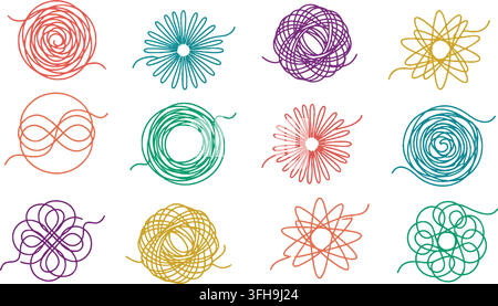 Colorful scribble spiral icons for craft branding, kids product packaging, and playful stationery design elements Stock Vector