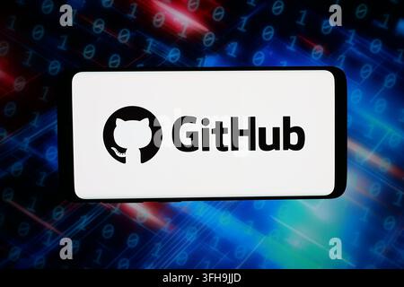 In this photo illustration, the logo of proprietary developer platform GitHub Inc. is displayed on a smartphone in front of abstract background on computer screen. Stock Photo
