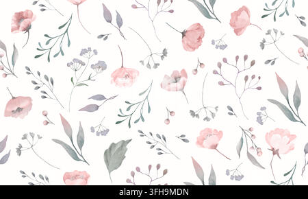 Watercolor Vector Floral Seamless Pattern, Soft Pink Poppy Flowers Muted Sage Green Leaves Botanical Background for Baby Nursery Textile, Print. Stock Vector