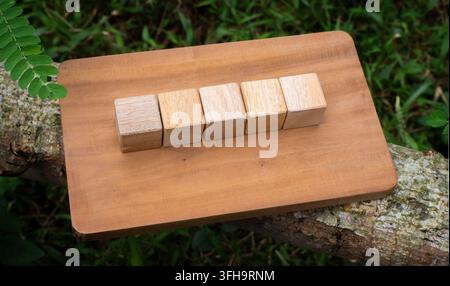 Five Blank Wooden Cubes Aligned on Rustic Wooden Board Business Text Stock Photo
