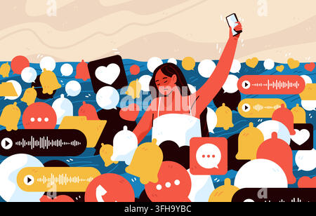 Notification overload digital stress overwhelmed woman drowning in social media alerts icons messages and notifications modern flat website banner Stock Vector