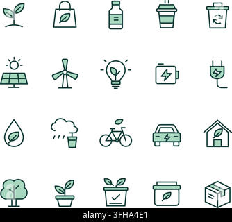 Set of sustainability and renewable energy icons with green tones, including recycling, reusable products, green energy, ecology concepts. Stock Vector