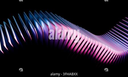 Thin plates rise and fall along a sweeping path, catching cool blue and warm pink light. The isolated ribbon shape suggests movement and a sleek techn Stock Photo