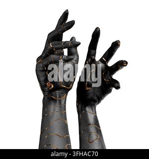 Two hands are posed with various positions showcasing black paint and gold accents. The focus is on the detail of the hands and the unique design on t Stock Photo