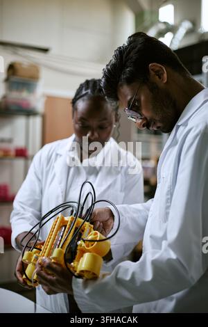 Multiethnic Engineers Assembling Robotic Device in Modern Lab Stock Photo