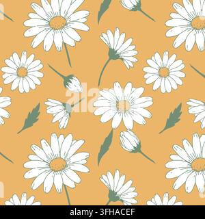 Cheerful seamless floral pattern with hand drawn white daisies, flower buds and green leaves on a warm mustard yellow background, creating a fresh Stock Vector