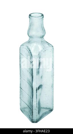 the vintage triangular empty transparent aquamarine glass measure bottle or the pharmacy vial, isolated Stock Photo