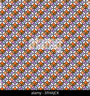 Bright seamless geometric ornament featuring overlapping circular petals and interlocking mosaic tiles in vibrant orange, purple, pink, and gold hues. Stock Vector