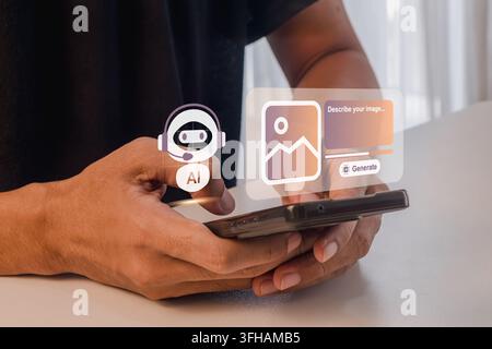 A person using a smartphone to generate custom images by inputting prompts into an AI assistant Stock Photo