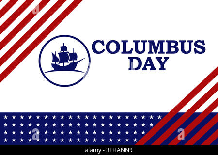 Columbus day greeting card design featuring a historic ship and american flag pattern background Stock Vector