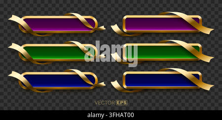 Elegant golden banners with vibrant inserts and luxurious ribbons. A versatile set for premium design. Vector illustration Stock Vector
