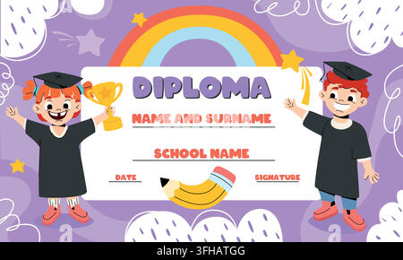 Colorful diploma template for kids in kindergarten, preschool, elementary school, primary classes with doodle art elements. Children certificate with cartoon funny boy and happy girl in graduation cap Stock Vector