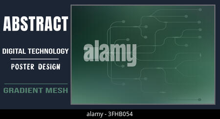A modern digital technology poster design featuring a central square node with branching circuit lines on a smooth, dark green gradient mesh backgroun Stock Vector