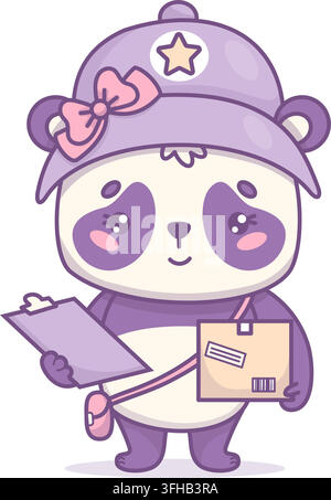 Female Kawaii Panda Courier Holding Order Clipboard and Parcel Box. Cute Girl Delivery Bear Mascot Character with Bow on Cap. Vector Illustration. Fun Stock Vector
