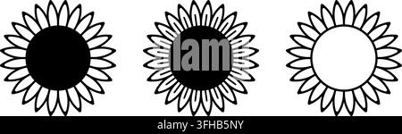 Set of sunflower icons isolated on white background. Simple flower symbols. Floral shapes. Camomile or gerbera core and petals top view. Minimalistic design elements. Vector graphic illustration. Stock Vector