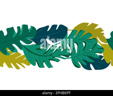 Horizontal border of tropical leaves, flat vector illustration. Monstera, palm and fern leaves seamless pattern for page dividers, wedding invitations Stock Vector