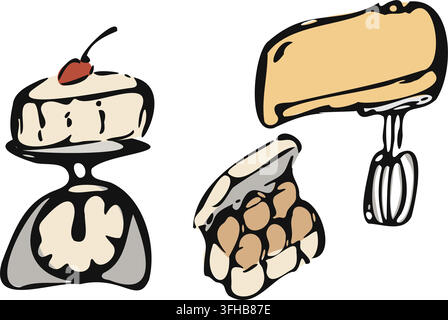 Hand Drawn Cake Mixer Baking Set Stock Vector