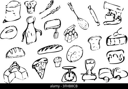 Hand Drawn Bakery Kitchen Outline Set Stock Vector