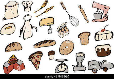 Hand Drawn Bakery Kitchen Color Set Stock Vector