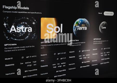 Paris, France - September 16, 2026: OpenAI's artificial intelligence flagship models interface showing Astra, Sol, and Terra. Stock Photo