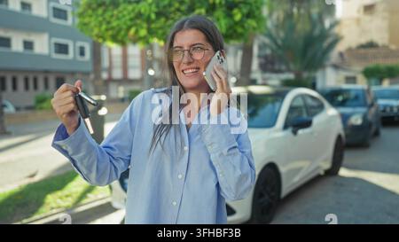 Woman wearing glasses and a blue shirt holding car keys and smartphone to ear on street beside a parked white car; relief communication. Stock Photo