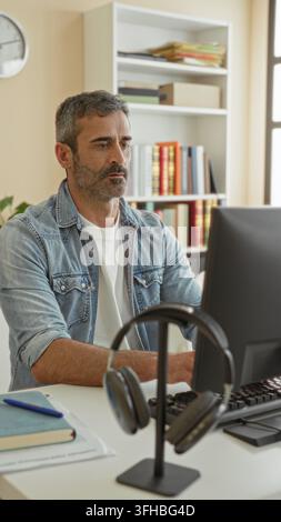 Man typing on computer at desk in building office, wearing denim jacket and white tshirt, headphones on stand and books on shelf; concentration remote Stock Photo