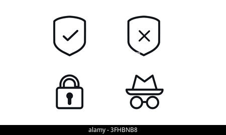 Set of 4 data security and cyber risk management infographic vector icons. Black line art style on white background. Stock Vector