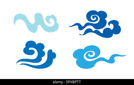 Set of Asian clouds and waves icons flat style Stock Vector