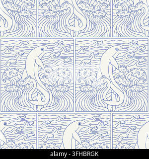 Art nouveau dolphin jumping in sea waves monochrome blue toile seamless pattern. Hand drawn coastal repeat background vector Stock Vector