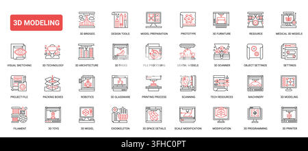 3D printing and modeling technology symbols showing design, scanning, prototyping, machinery, filament and fabrication workflows for industrial use complex red black line icons set vector illustration Stock Vector