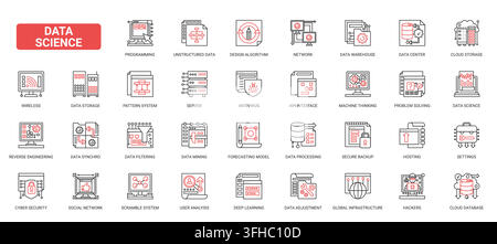 Data science and analytics symbols covering machine learning, storage, security, networks and processing for digital systems complex red black line icons set vector illustration Stock Vector