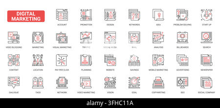 Digital marketing concepts covering promotion, social media, traffic, search, content, analytics, branding and online advertising workflows complex red black line icons set vector illustration Stock Vector