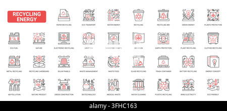 Recycling energy and waste management concepts featuring renewable power, eco transport, sorting bins, pollution control, sustainable industry systems vector complex red black line icons set Stock Vector